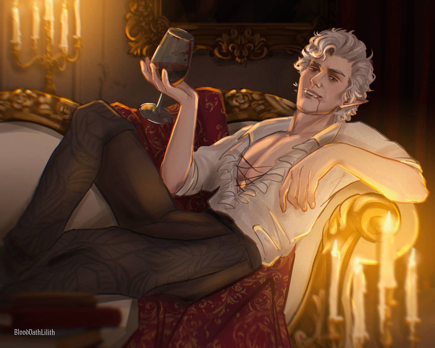 Astarion in formal attire holding a glass of red wine in an opulent room with candles.